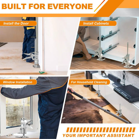Heavy Duty Arm Jacks 2 Pack 440 Lbs Capacity Furniture Lift Tool in use during door installation and cabinet setup.
