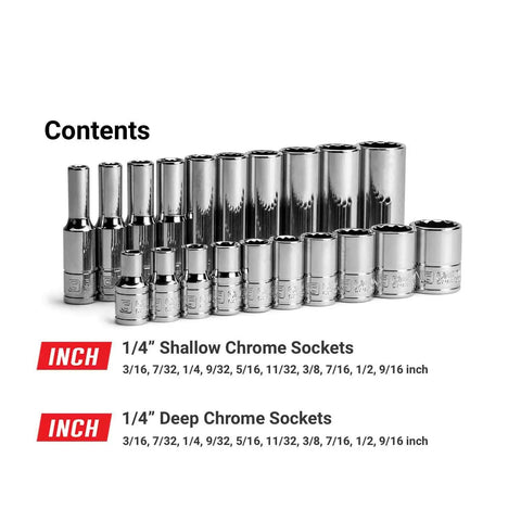 Quarter Inch Drive 12 Point Socket Set Deep And Shallow SAE Three Sixteenths To Nine Sixteenths Inch 20 Piece displayed in rows.