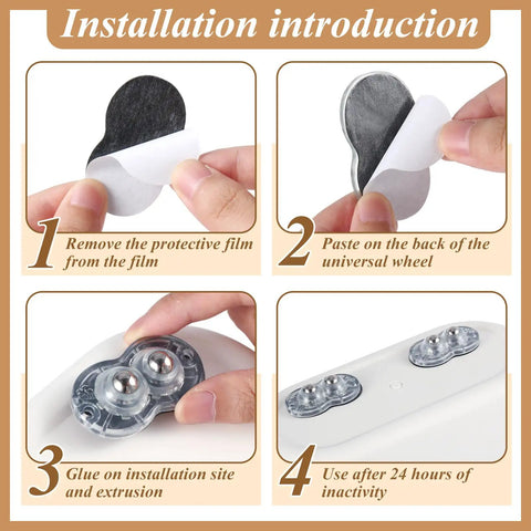 Installation guide for 16 Piece Clear Self Adhesive Appliance Casters Featuring Dual Steel Ball Rollers, showing steps to apply.