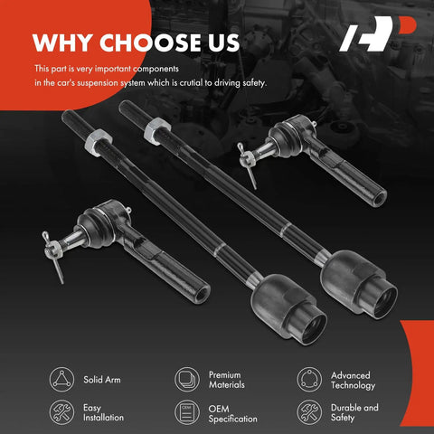 Front Inner And Outer Tie Rod End Kit For Chevy Malibu 2004-2012, Saturn Aura 2007-2009, And Pontiac G6 2005-2010, Replaces Worn Tie Rods To Tighten Steering, Stop The Wobble, And Keep Tire Wear Even, black steel set of 4