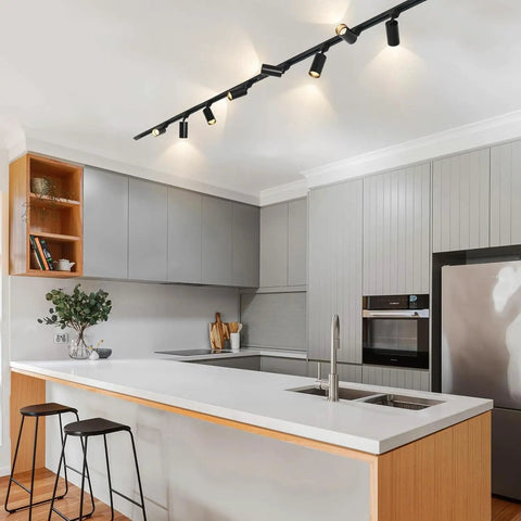 Super Sleek 16 Foot H Track Lighting Rail Kit In Glossy Black Finish With Easy Connectors For Modern Homes And Shops Offering Flexible Setup And Bright Vibes Perfect For Renovating Any Room Or Storefront Space Today. Black track rail kit above modern kitchen island