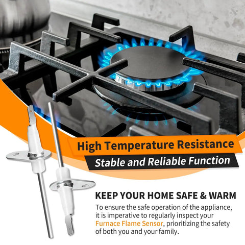 Two Pack Flame Sensor Igniter Sensing Rod For Goodman Janitrol Amana York Furnaces Replacement shown with stove flame