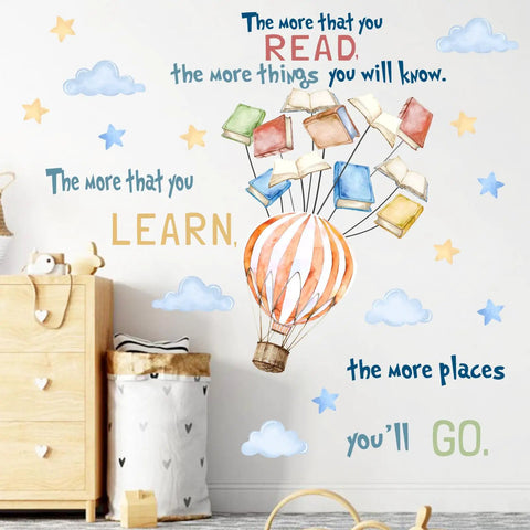 Reading Nook Wall Decals Set With Hot Air Balloon And Cloud Stars For Nursery And Kids Room Library Corner Classroom Decor