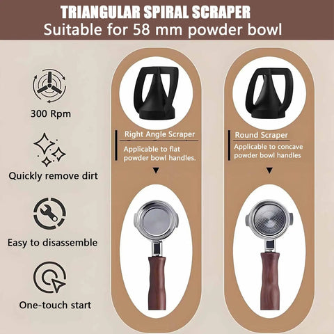 Triangular spiral scrapers for 58 mm powder bowl, showcasing right angle and round designs for efficient cleaning.