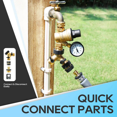 All In One RV Water Hookup Kit With Pressure Regulator Inline Filter Hose Splitter Flexible Connector And Quick Connect for safe water