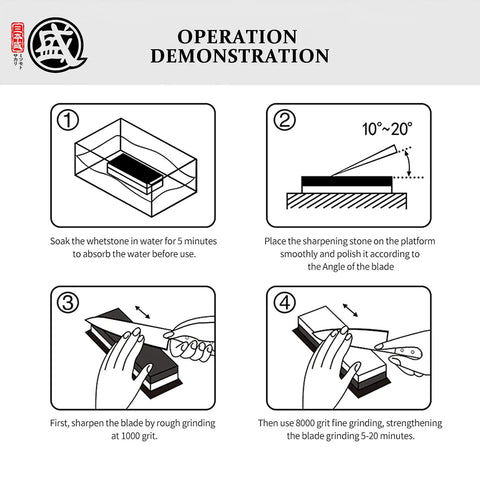 Operation steps for Pro Grade Japanese Knife Sharpening Stone Double Sided Whetstone 1000/3000 Grit With Non Slip Wooden Base