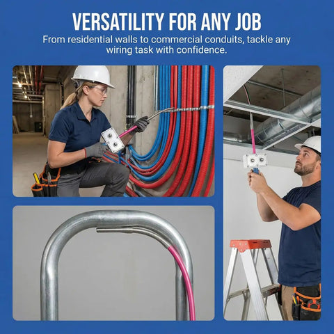 Drill Powered Wire Puller And Automatic Cable Threading Machine Smooth Conduit Wizard in use for conduit wiring tasks.