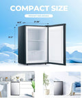 Straight Up Awesome 3.2 Cubic Foot Upright Freezer shows open door, compact design, stainless interior, dimensions 18.9x21.06x31.3 inches.