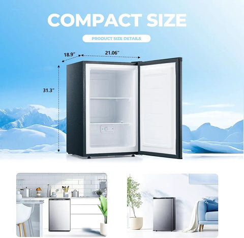 Straight Up Awesome 3.2 Cubic Foot Upright Freezer shows open door, compact design, stainless interior, dimensions 18.9x21.06x31.3 inches.