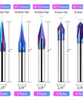 CNC Wood Carving Router Bit Set With One Quarter Inch Shank 15 Degree Detail Liner 20 Degree Profile Bit Plus 30 Degree 60 Degree And 90 Degree V Groove Bits Solid Carbide With Nano Blue Coating For Heat Resistance Max RPM 24000 For DIYers displayed in packaging with size information.
