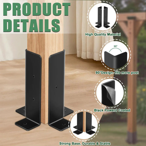 Beefed Up Adjustable Post Anchor Brackets Kit For Deck Posts 1.5x1.5, 2x2, 2x4, 4x4 Heavy Duty Half Post Base Black For Wood Fence Pergola Railing Easy Install