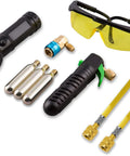 Leak Shot dye inject leak-detection kit with UV dye, flashlight, safety goggles, hoses and fittings