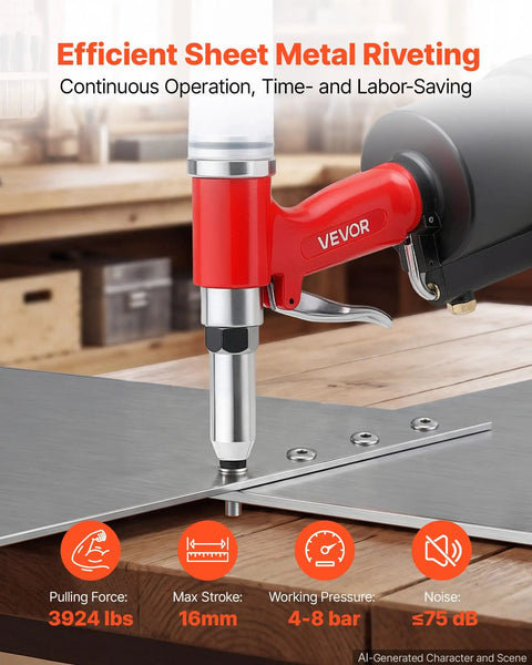 Heavy Duty Pneumatic Rivet Gun Kit With Five Jaw Sets For Quick Fastening Hella Durable Air Riveter in action on sheet metal