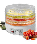 Straight Up Five Tray Food Dehydrator Machine With Adjustable Temperature Dial Horizontal Heat Flow For Preparing Homemade Jerky Fresh Herbs Ripe Fruit Crunchy Veggies Zero Additives Bpa Free White displaying sliced fruits and vegetables.