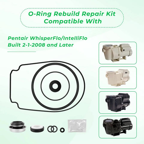 DIY Pool Pump Repair Kit For WhisperFlo IntelliFlo Includes Impeller Gasket, Drain Plug O Rings, Lid O Ring, Diffuser O Ring, PS-1000 Shaft Seal Built 2008 And Later Replacement Kit components displayed.