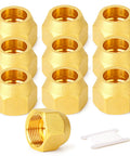 Grease Monkey Approved 10 Piece Beefy Brass 45 Degree Flare Tube Fittings One Quarter Inch Sae Copper Pipe Extenders close up of brass nuts.