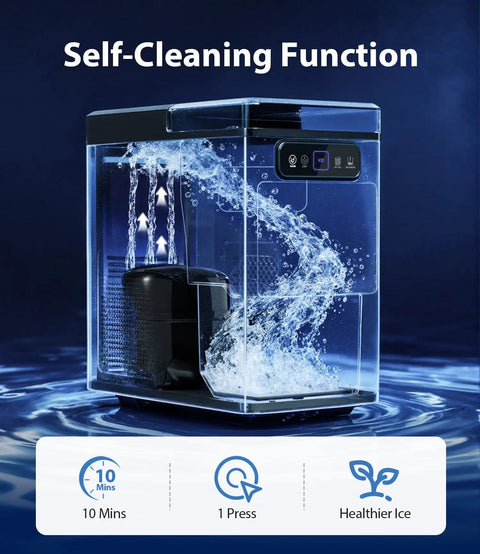 Self-cleaning function of Dope Nugget Ice Maker 40 Lbs Per Day Countertop Ice Machine With Soft Chewable Ice, transparent water flow.