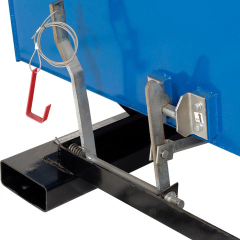 Close-up of the bump release mechanism for Heavy Duty Workhorse 3 Cubic Yard Self Dumping Forklift Hopper With Bump Release And 6000 Lb Capacity.