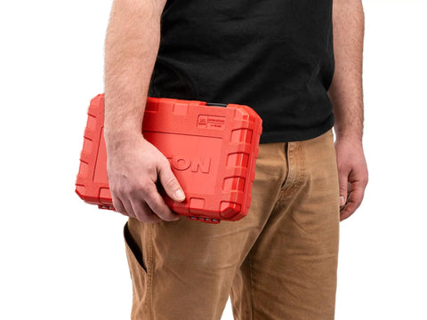 Person holding a red case containing 56 Piece Quarter Inch Drive Socket Set Shallow And Deep 12 Point Sockets Case Includes SAE And Metric Sizes