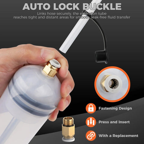 Hand holding 200cc Fluid Extractor Syringe Oil Pump With 23 Inch Flexible Hose and 12 Inch hoses featuring auto lock buckle