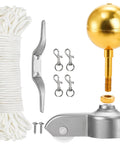Flag Pole Hardware Kit With 3 Inch Gold Ball Topper, Aluminum Alloy Construction, Weatherproof Flagpole Accessories, 50 Feet Halyard Rope, 4 Inch Cleat Hook With Screws, Four Swivel Snap Hooks, And Pulleys For 2 Inch OD Tubes with rope, cleat, and truck