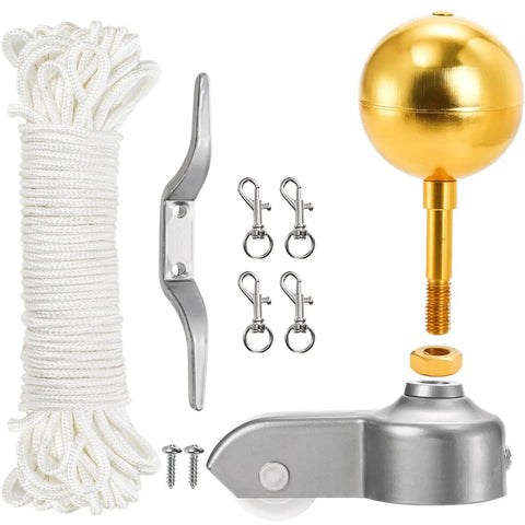 Flag Pole Hardware Kit With 3 Inch Gold Ball Topper, Aluminum Alloy Construction, Weatherproof Flagpole Accessories, 50 Feet Halyard Rope, 4 Inch Cleat Hook With Screws, Four Swivel Snap Hooks, And Pulleys For 2 Inch OD Tubes with rope, cleat, and truck