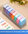 Slick 8 Piece Multicolor Office Stamp Set Featuring No Sweat Self Inking Rubber Design For Quick Document Marking Like Paid Approved And Confidential With Dope Storage Case in clear pouch.