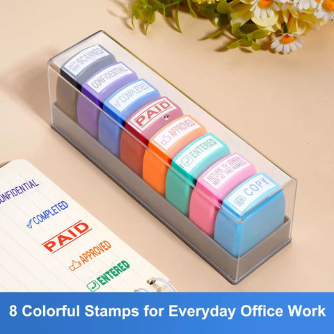 Slick 8 Piece Multicolor Office Stamp Set Featuring No Sweat Self Inking Rubber Design For Quick Document Marking Like Paid Approved And Confidential With Dope Storage Case in clear pouch.