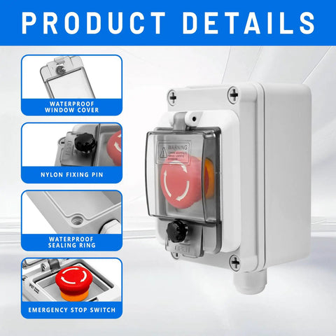 Rugged IP67 Emergency Stop Button With Box for Outdoor Use, 660V 10A E Stop Switch with Clear Cover, Waterproof ABS Enclosure