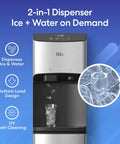 Front view of stainless steel water dispenser for 5 gallon bottle with nugget ice maker, hot and cold water, LED display