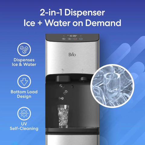 Front view of stainless steel water dispenser for 5 gallon bottle with nugget ice maker, hot and cold water, LED display