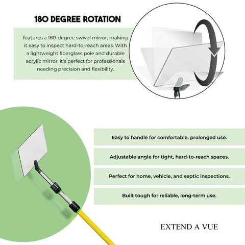 Flex Vue Inspection Mirror With Threaded Adapter For Three Quarter Inch Poles, Eight Inch By Ten Inch, One Eighth Inch Acrylic Mirror Swivels 180 Degrees, Durable High Impact Resistance For Tight Corners And Hard To Reach Areas