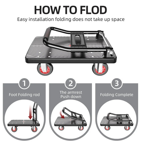 Foldable Push Cart Dolly With 560 Lb Capacity, Heavy Duty Moving Platform Hand Truck, Space Saving Collapsible Cart With 4 Inch TPR Wheels