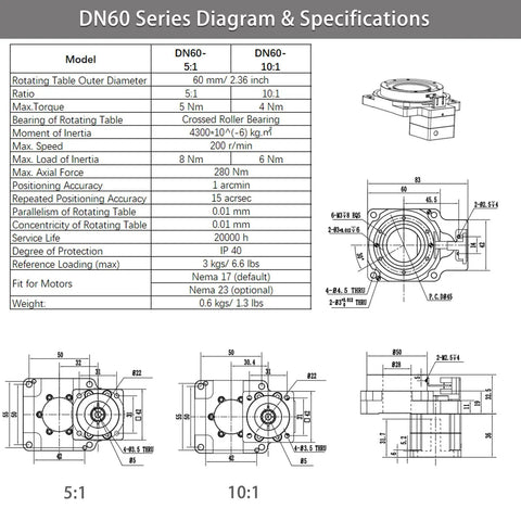 Technical diagram showing DN60 series specifications for High Precision Hollow Rotary Actuator With Hollow Rotating Platform For 1 Arcmin Accuracy And 15 Arcmin Repeat Nema 17 Stepper Ready Substitutable For Direct Drive And Cam Indexer The Workhorse For 4th And 5th Axis Automation.