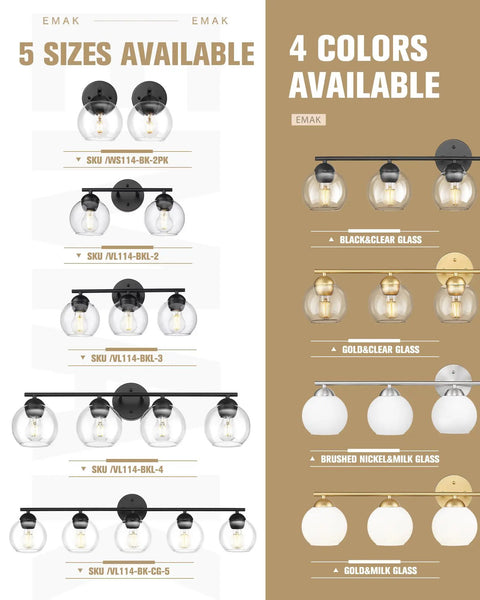 Two Light Black Bathroom Vanity Light Over Mirror With Clear Glass Globe Shades, 5 sizes, 4 colors display