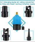 Inflatable Pump Adaptor Kit For SUP And Car Air Compressors With 9 Valve Nozzles, Quick Connect Design, close-up of blue adaptor and nozzles