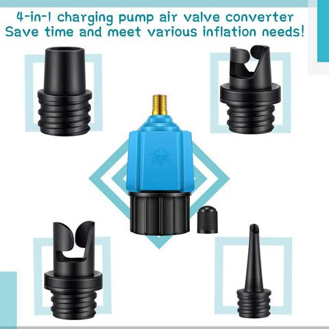 Inflatable Pump Adaptor Kit For SUP And Car Air Compressors With 9 Valve Nozzles, Quick Connect Design, close-up of blue adaptor and nozzles
