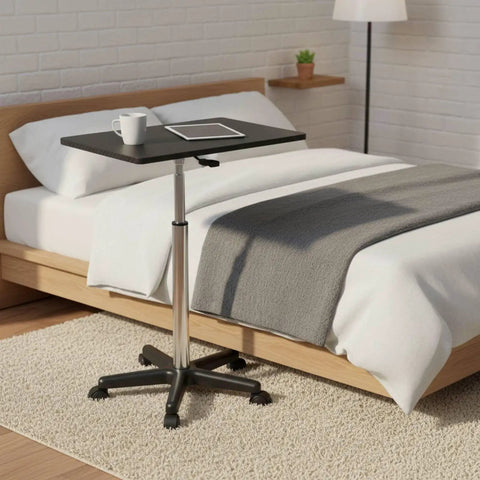 Slick Mobile Standing Desk With Fully Adjustable Height Settings On A Rolling Laptop Table Built With A Heavy Duty Metal Frame in bedroom.