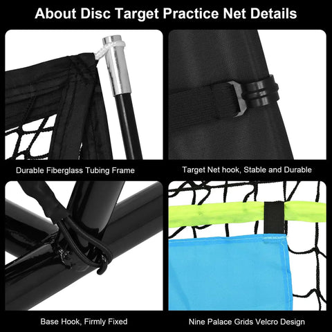 Details of Portable Disc Golf Training Net With Nine Target Grids For Backyard Indoor Outdoor Practice including frame and net design