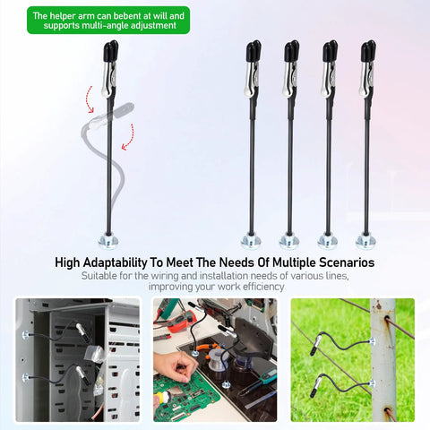 Front view of four magnetic helping hands soldering holders with adjustable arms and metal bases.