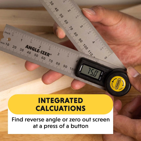 Digital Angle Finder Ruler 5 Inch Stainless Steel Woodworking Protractor Tool With Large LCD Display showing 75 degrees