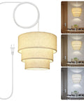 Plug In Pendant Light With Beige Linen 3-Tier Drum Shade, 15 Feet Hanging Lamp, On/Off Switch, cozy ceiling light ambiance