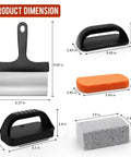 Griddle Cleaning Kit For Blackstone Flat Top Grill With stone scraper, brush, and pumice pad dimensions overview.