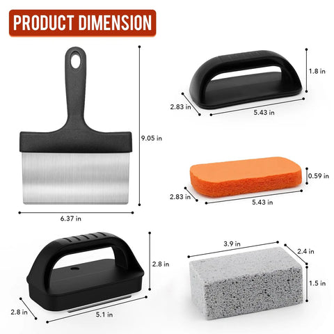 Griddle Cleaning Kit For Blackstone Flat Top Grill With stone scraper, brush, and pumice pad dimensions overview.