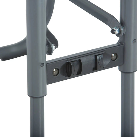 Close-up of the adjustable squeeze button setup on a Kids Picnic Table With One Hand Adjustable Squeeze Button Setup Folds Flat For Easy Transport Seats Four Kids Comfortably Stain Resistant And Easy To Clean Durable Steel Frame With All Weather Finish In White.