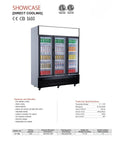Heavy Duty Commercial Display Refrigerator Three Section Hinged Glass Door Upright Fridge Cooler showcasing drinks in three glass doors.