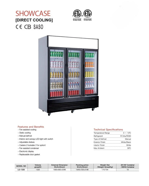 Heavy Duty Commercial Display Refrigerator Three Section Hinged Glass Door Upright Fridge Cooler showcasing drinks in three glass doors.