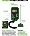 4 Way Digital Soil Analyzer For pH And Moisture Temperature And Light With Easy Readouts And Corded Probe features list and image