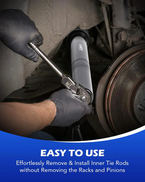 Close-up of Orion Motor Tech inner tie rod removal tool kit, 1/2-inch drive with adapters, in use on a vehicle.