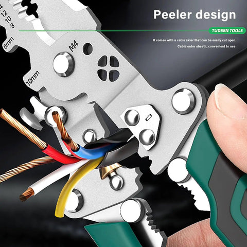 Pro Grade Badass Heavy Duty Foldable Wire Stripper And Multi Function Crimper showing peeler design for easy wire cutting.